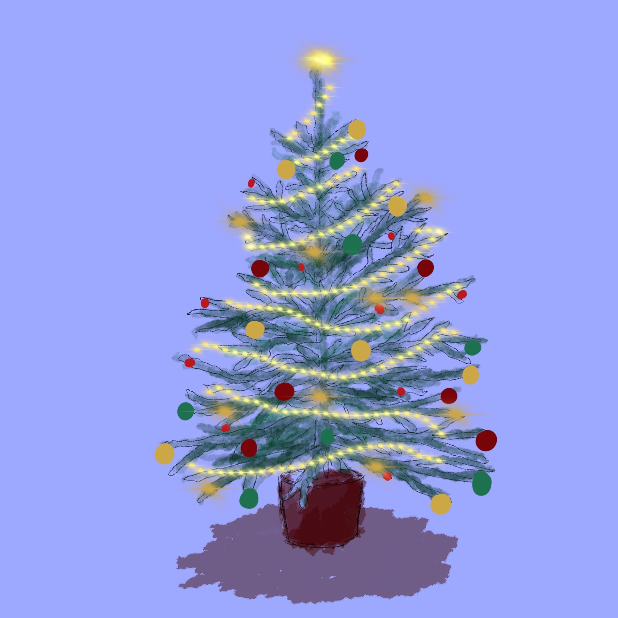 An illustration of a Christmas tree covered in silver tinsel, and yellow and red lights.
