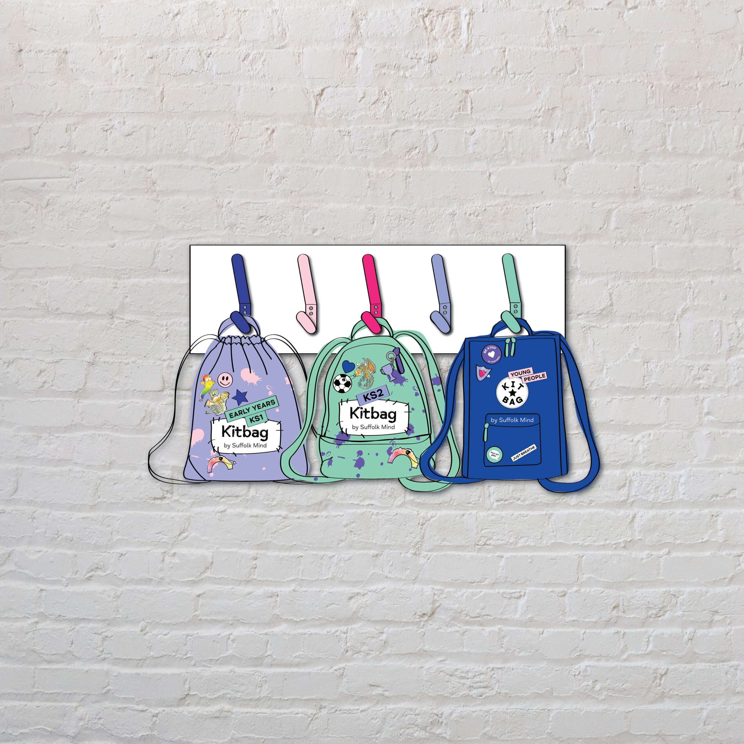 Three rucksacks in lilac, light green and blue hang on colourful pegs against a white wall backdrop.