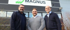 Jon Neal and Ian White of Suffolk Mind welcome new patron Olly Magnus outside Magnus group office