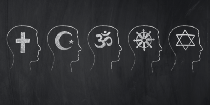 Human heads with symbols of various religions to symbolise faith and emotional needs