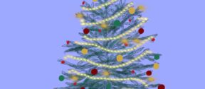 An illustration of a Christmas tree covered in silver tinsel, and yellow and red lights.